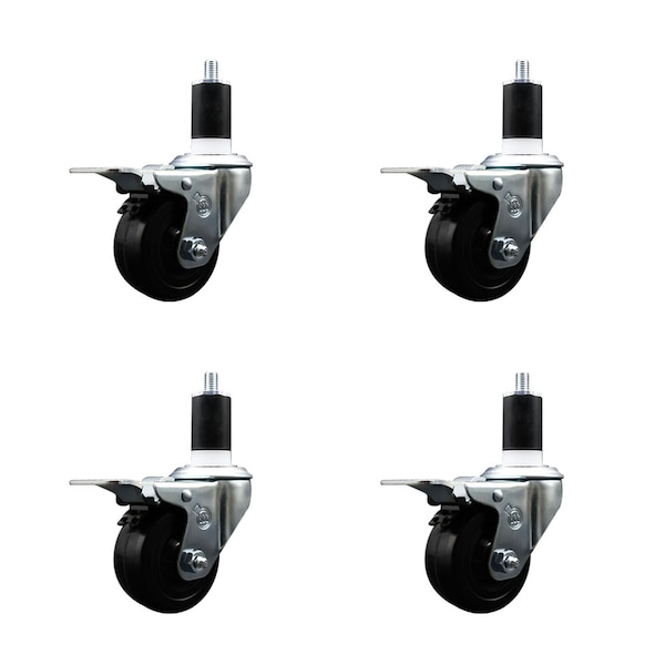 3'' Soft Rubber Swivel 1-1/2'' Expanding Stem Caster Set Total Lock Brake, 4PK